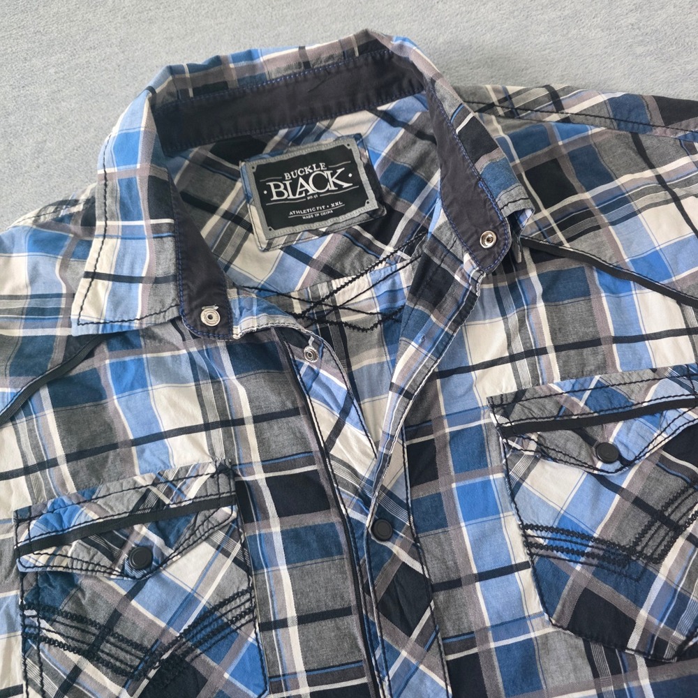 Buckle Black Mens XXL Athletic Fit Blue Plaid Snap Western Shirt BB036FPW